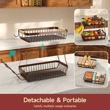 Sevenblue 2 Tier Large Fruit Basket for Kitchen Counter with 2 Mobile Banana Hangers, 2026 Pro Detachable Metal Fruit Bowl with Wooden Handle (Brown, 2 Tier) - color: Brown, size: 2 Tier Standard