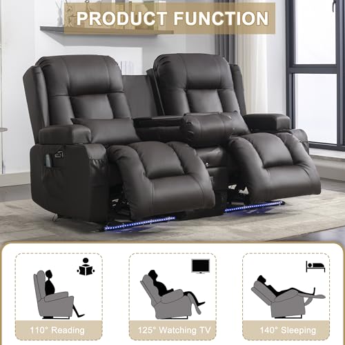 URRED Power Loveseat Recliner Sofa with Massage and Heat, Wall Hugger Reclining Loveseat with Console, RV Couch Home Theater Seating with LED Lights for Living Room (Dark Brown, 67" - 2 Seats) - color: Dark Brown, size: 67" - 2 Seats
