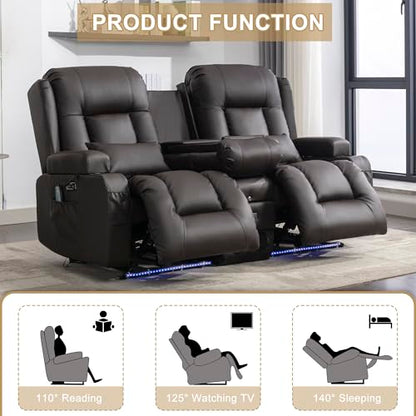 URRED Power Loveseat Recliner Sofa with Massage and Heat, Wall Hugger Reclining Loveseat with Console, RV Couch Home Theater Seating with LED Lights for Living Room (Dark Brown, 67" - 2 Seats) - color: Dark Brown, size: 67" - 2 Seats