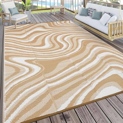 IDEALHOUSE Outdoor Rug PP Woven Mat Waterproof Reversible Portable Carpet for Patio RV Backyard Beach Balcony 8x10ft Beige/Light Brown/White - color: Beige/Light Brown/White, size: 8' x 10' (Rectangular)