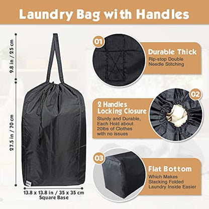 Washable Travel Laundry Bag with Handles and Drawstring (2 Pack), Heavy Duty Large Enough to Hold 3 Loads of Laundry, Fit a Laundry Basket or Clothes Hamper, 27.5x34.5 in,Black - color: Black (2 Pack)