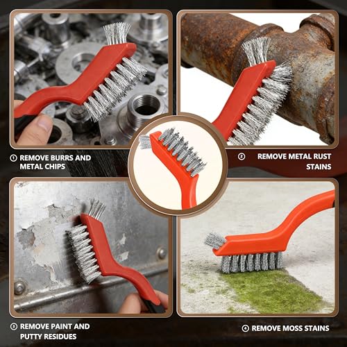 6 Pieces Stainless Steel Wire Brush Set, Stainless Steel Bristles for Cleaning Welding Slag and Rust,Scratch Brush with Mini Head & Hanging Hole for Everyday Cleaning - color: Stainless steel