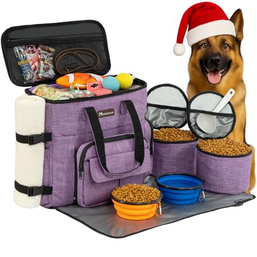 Modoker Dog Travel Organizer Carriers for Supplies & Accessories, Airline Approved Cat Pet Travel Bag, 2 Collapsible Bowls, 2 Travel Dog Food Container, Purple - color: Soft Purple