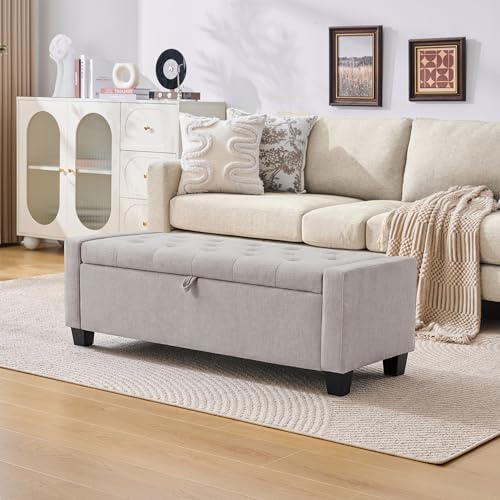 Huatean Home 43" Ottoman with Storage, Storage Ottoman Bench with Safety Hinge, Upholstered Entryway Bench with Seating for Bedroom, Living Room, Holds up to 330 lb(Light Gray) - color: Lightgray, size: 19.2"D x 43"W x 16.9"H