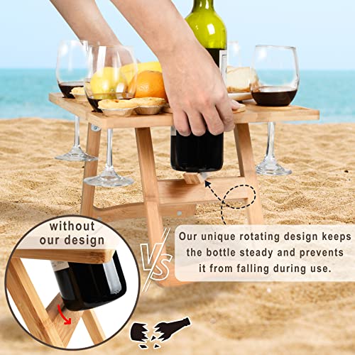 Tirrinia Portable Wine Picnic Table, Ideal Wine Gift for Women Men, Outdoor Folding Table & Beach Charcuterie Board with Wine Glasses Holder for Camping, Park, Party, Garden Concerts, Wooden - size: 17" x 13"