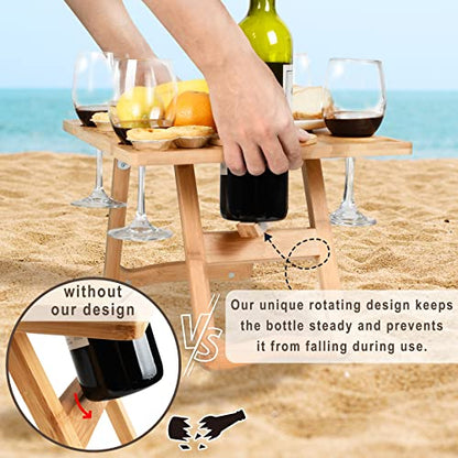 Tirrinia Portable Wine Picnic Table, Ideal Wine Gift for Women Men, Outdoor Folding Table & Beach Charcuterie Board with Wine Glasses Holder for Camping, Park, Party, Garden Concerts, Wooden - size: 17" x 13"