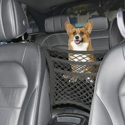 3-Layer Car Mesh Organizer Between Front Seats, 11.8 x 10.6 Inch Car Net Kid Pet Dog Net Barrier with Elastic Storage Pockets for Purses, Tissues, Fits SUV and Van - size: 11.8 x 10.6 Inch