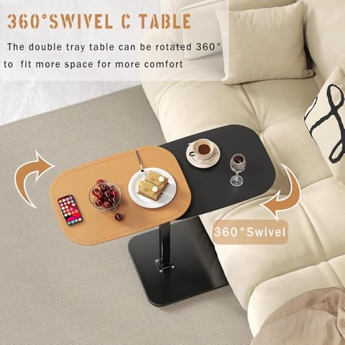 C Shaped Side Table,Adjustable Height C Shaped End Table,360°Swivel Couch Tables that Slide Under,Double Tabletop Under Couch Table for Living Room,Bedroom,Small Spaces