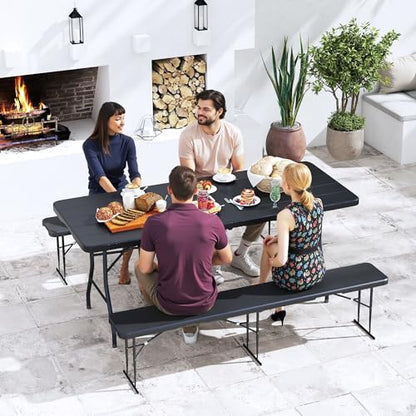 Real Relax 6' Picnic Table with 2 Benches, 3 Piece Black Wood Grain Portable HDPE Folding Camping Table and Benches for Courtyard, Garden, Outdoor Leisure, Party - color: Black