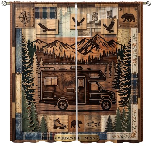 Vintage Mountain Forest Camping Curtain Rustic Wooden RV Camping Printed Rod Pocket Window Treatments for Bedroom Living Room Decor 42" W X 45" L - color: Camping-22, size: 20.5"W x 45"L (Pack of 2)