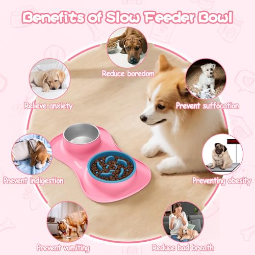 MateeyLife Dog Food and Water Bowl Set 3 in 1, Slow Feeder Dog Bowls & Stainless Steel Water Bowl with Non-Spill Silicone Mat, Cat and Puppy Bowls Pet Dishes for Small Medium Large Breed Anti-Choking - color: Pink, size: Small