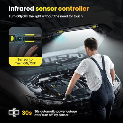 Work Light【AUTO ON/Off】 3000LM LED Work Light 5200mAh Under Hood Working Light with Hooks, Portable Magnetic Rechargeable Cordless Job Site Lighting for Mechanic/Car Repairing/Garage-Yellow