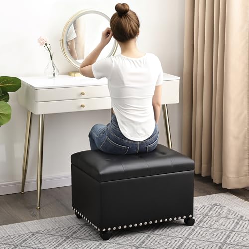 Leather Storage Ottoman,24’’Foot Rest Ottomans with Wheels and Hinged Lid Rectangle Upholstered Foot Stools Nailhead Trim for Living Room Bedroom,Black - color: Black With Wheels