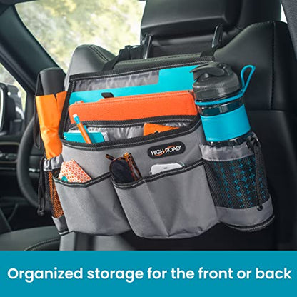 High Road SwingAway Front Seat Car Organizer for Daily Driving Essentials with Side Bottle and Cup Holders - color: Gray