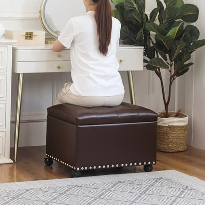 Joveco Leather Storage Ottoman with 360° Caster Wheels 24" Foot Rest Bench Rectangle Ottomans Stool for Living Room Bedroom (Brown, Wheels) - color: Brown With Casters