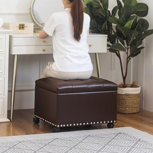 Joveco Leather Storage Ottoman with 360° Caster Wheels 24" Foot Rest Bench Rectangle Ottomans Stool for Living Room Bedroom (Brown, Wheels) - color: Brown With Casters