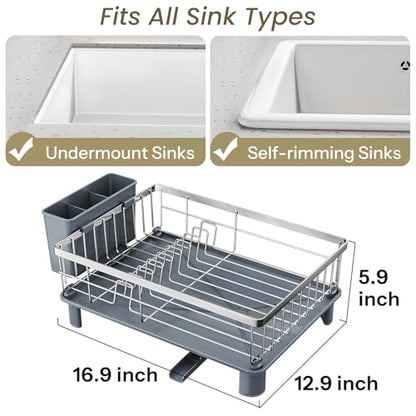 SNTD Dish Drying Rack - Small Dish Rack for Kitchen Counter, Stainless Steel Dish Drainer with Utensil Holder and Drainboard, 12.9" W x 16.9" L (Silver) - color: Silver, size: 12.9" W x 16.9" L