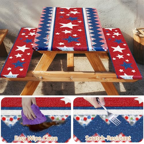 Picnic Table Cover with Bench Covers Elastic Edges, Outdoor Patio Camping Essentials 96 Inch 3PCS, Waterproof Camping Fitted Tablecloth with Handbags (Red white blue star stripe) - color: American Elements, size: 96" x 30" (Rectangular)