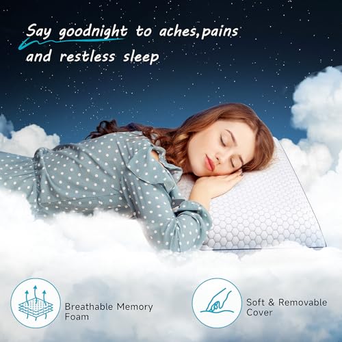 CushyOasis Memory Foam Pillows for Side, Back and Stomach Sleepers, Set of 2, Bed Pillow with Washable Cover and Breathable Mesh, Bed Pillow for Sleeping (Grey，Standard Size)