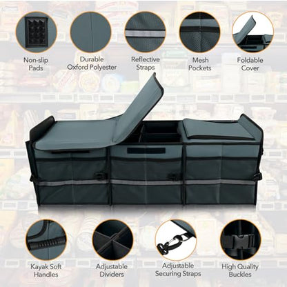 HEYTRIP Large Trunk Organizer With Built-in Leakproof Cooler Bag, 2 Tie-Down Straps, 4 Removable Dividers, Foldable Cover, Built with 2mm PE Board, Gray - color: Gray