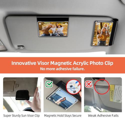 Car Picture Holder 2 Pack Magnetic Snap-On Sun Visor Photo Clip for Crystal-Clear Acrylic Frame for Family, Pets, Travel Pictures Car Decor Personalized Anniversary Accessories Gifts for Men Women