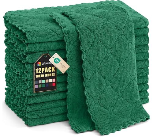Homaxy 12 Pack Kitchen Dish Cloths (10 x 10 Inches, Dark Green), Super Soft and Absorbent Coral Velvet Dish Towels, Nonstick Oil Fast Drying Microfiber Cleaning Cloth, No Lint Household Dishcloths - color: Dark Green, size: 10x10 Inch-12 Pack
