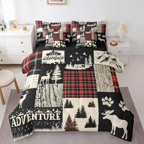 Bear Elk Deer Bed in a Bag Queen Comforter Set 7 Piece,Retro Cabin Sheet Set Woodland Animals Moose Bedding Set,Rustic Farmhouse Bed Set Pine Trees Country Cottage Black Buffalo Plaid Decor - color: Black Red, size: Queen