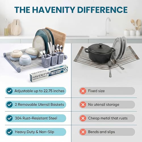Havenity™ Expandable Roll Up Dish Drying Rack with Drying Mat - Adjustable Up to 22.75" with 2 Free Attachments & 2 Removable Baskets, 304 Stainless Steel Over The Sink Dish Drying Rack Cover Kitchen - size: Dish Drying Rack Combo