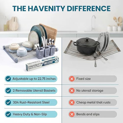 Havenity™ Expandable Roll Up Dish Drying Rack with Drying Mat - Adjustable Up to 22.75" with 2 Free Attachments & 2 Removable Baskets, 304 Stainless Steel Over The Sink Dish Drying Rack Cover Kitchen - size: Dish Drying Rack Combo