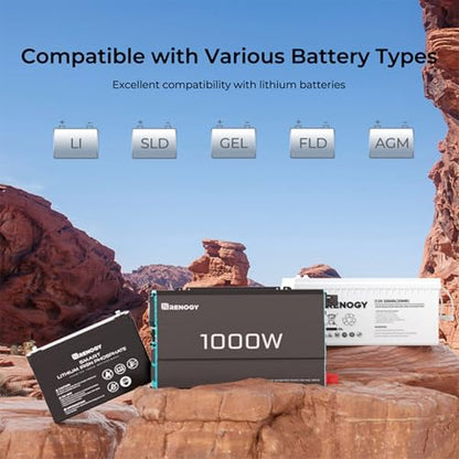 Renogy 1000W Pure Sine Wave Inverter 12V DC to 120V AC Converter for Home, RV, Truck, Off-Grid Solar Power 110V with Built-in 5V/2.1A USB Port, Hardwire Remote Controller - size: 1000W(No BT & ATS)
