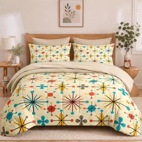 WeCozy 5 Pcs Twin Size Comforter Set with Pillowcase & Sham, Retro Mid Century Atomic Bedding for Kids and Adults, 50S Vintage Geometric Bed in a Bag with Flat Fitted Sheet - color: Geometry 2, size: Twin