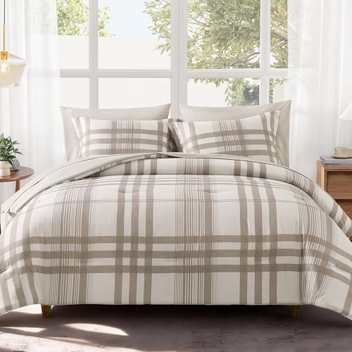 MaiRêve Queen Comforter Set Brown Grey, Classic Plaid Farmhouse Bedding Sets 7 Pieces, All Season Lightweight Bed in a Bag with Sheets, Pillowcases & Shams - color: Brown Grey, size: Queen