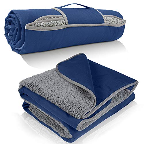 Tirrinia Waterproof Outdoor Blanket with Sherpa Lining, Windproof Triple Layers Warm Comfy Foldable for Camping Stadium, Beach, Picnic, Grass, Concerts, Car, Dog, 51''X 59'' & 59''X 80'' - color: Navy/Grey, size: 59” x 80”