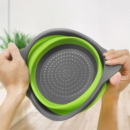 2pcs Collapsible Colander, Round Green Set Folding Silicone strainers for Kitchen, Collapsible Funnel Suitable for Draining Pasta, Vegetables and Fruits, Small