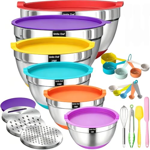 Umite Chef Thickened Heavy-Duty 26pcs Stainless Steel Bowl, Mixing Bowl Set with Lid, Grater Attachment, Colorful Non-Slip Bottom and Kitchen Gadget Set, Sizes 7, 4, 2.5, 2.0, 1.5, 1QT - color: Colorful