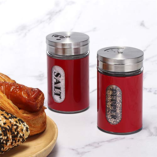 Salt and Pepper Shakers Stainless Steel and Glass Set with Adjustable Pour Holes (Red) - color: Red