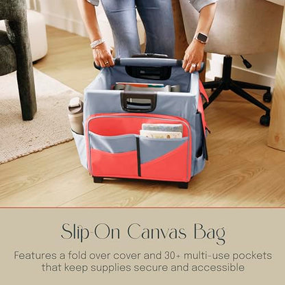 Mobile Folding Utility Cart with Canvas Storage Organizer Bag, Rolling Cart, Red/Grey - color: Red/Grey