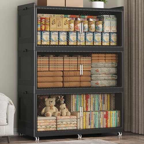 720QT Storage Bins with Lid Extra Large Stackable Closet Organizer Plastic Container Box, 240Gal 3-Tier Collapsible Cabinet with Wheels and Doors for Living Room Kitchen Office Dorm, Black - color: Black, size: 320QT-3Pack