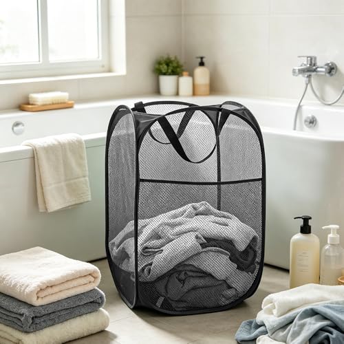Larpur Popup Mesh Laundry Basket, Collapsible and Portable Clothes Washing Laundry Hamper with Reinforced Carry Handle (Black) - color: Black