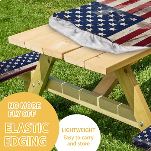 Picnic Table Cover with Bench Covers 6FT 3PCS, Camping Essentials, Fitted Camping Tablecloth Waterproof and oilproof with elastic Edge for Indoor Outdoor Patio, Retro American Flag (72inch) - color: Retro American Flag,Red