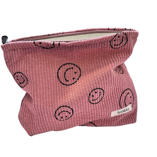 Cosmetic Bags for Women - Corduroy Cosmetic Bag Aesthetic Women Handbags Purses Smile Dots Makeup Organizer Storage Makeup Bag Girls Case Bags (A-Pink) - color: A-Pink