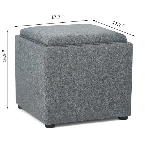 Adeco 17 inch Square Storage Ottoman with Reversible Tray Top, Linen Fabric Footrest Stool & Small Coffee Table for Living Room, Bedroom, and Dorm, Grey - color: Grey With Tray