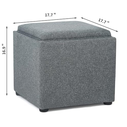 Adeco 17 inch Square Storage Ottoman with Reversible Tray Top, Linen Fabric Footrest Stool & Small Coffee Table for Living Room, Bedroom, and Dorm, Grey - color: Grey With Tray