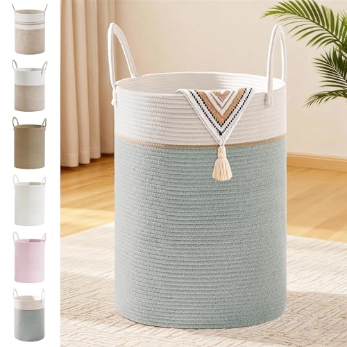 72L Large Tall Cotton Rope Laundry Basket with Handles, Sage Green | Storage Bin for Clothes, Blankets & Kids Toys, Boho Woven Hamper, Portable Organizer for Nursery, Bedroom, Living Room - color: Sage Green, size: 72L
