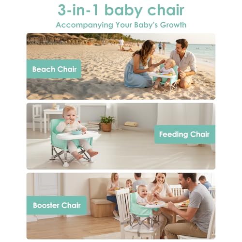 Tiny Marvels Baby Chair, Portable & Foldable for Travel & Beach, Ages 6M-3Y | BPA-Free Material, 3-Point Harness, 3-in-1 Baby Chair, Removable Tray & Carry Bag, Sturdy with Reinforcement, Non-Slip Feet - color: Green
