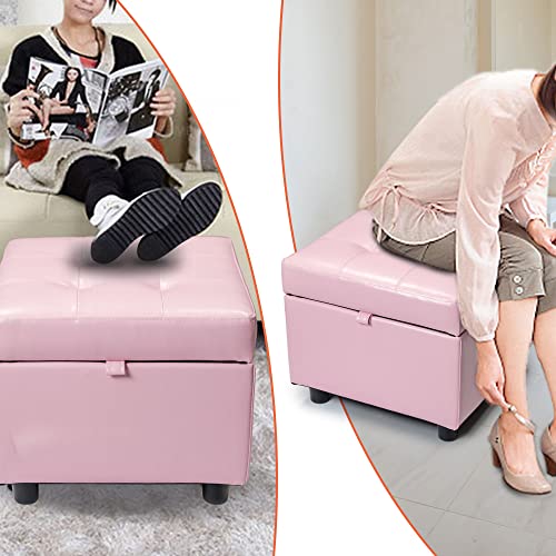 H&B Luxuries Tufted Leather Square Flip Top Storage Ottoman Cube Foot Rest - color: Pink With Storage