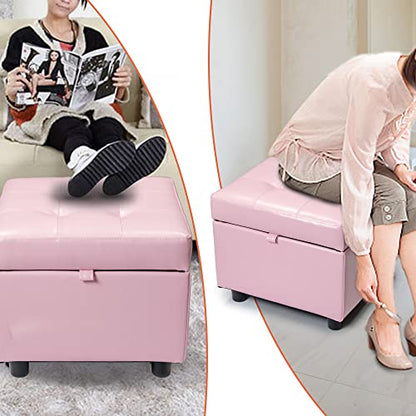 H&B Luxuries Tufted Leather Square Flip Top Storage Ottoman Cube Foot Rest - color: Pink With Storage