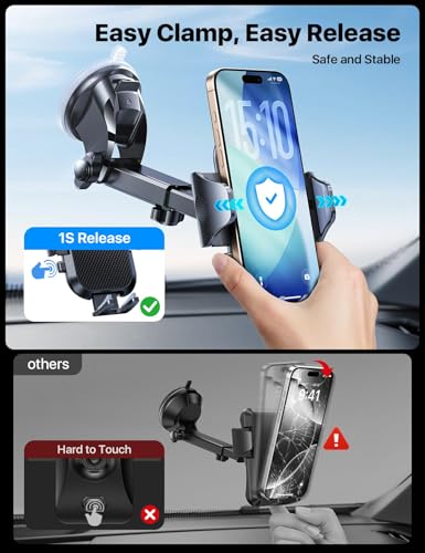 andobil Military-Grade Phone Holders for Your Car 【89+ LBS Strongest Suction & Metal Clip】 2026 Ultimate Car Phone Holder, Dashboard Windshield Vent Cell Phone Car Mount for iPhone Sumsung Android - color: Black
