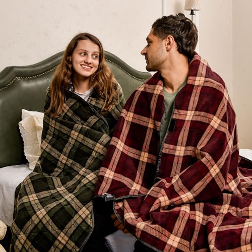 DUKUSEEK Waterproof Camping Blanket with Super Thick Fleece Lining, Large Outdoor Blanket Windproof with Foldable Hood for Camping Stadium Sporting Events,79"x 58" - color: Wine Red Outer With Blue Plaid Fleece