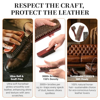 3PCS 100% Horse Hair Shoe Brush Set for Leather Boots Horsehair Brush for Polishing Cleaning Buffing Professional Shoe Shine Kit for Men Suede Boot Care Conditioner Accessories Tool